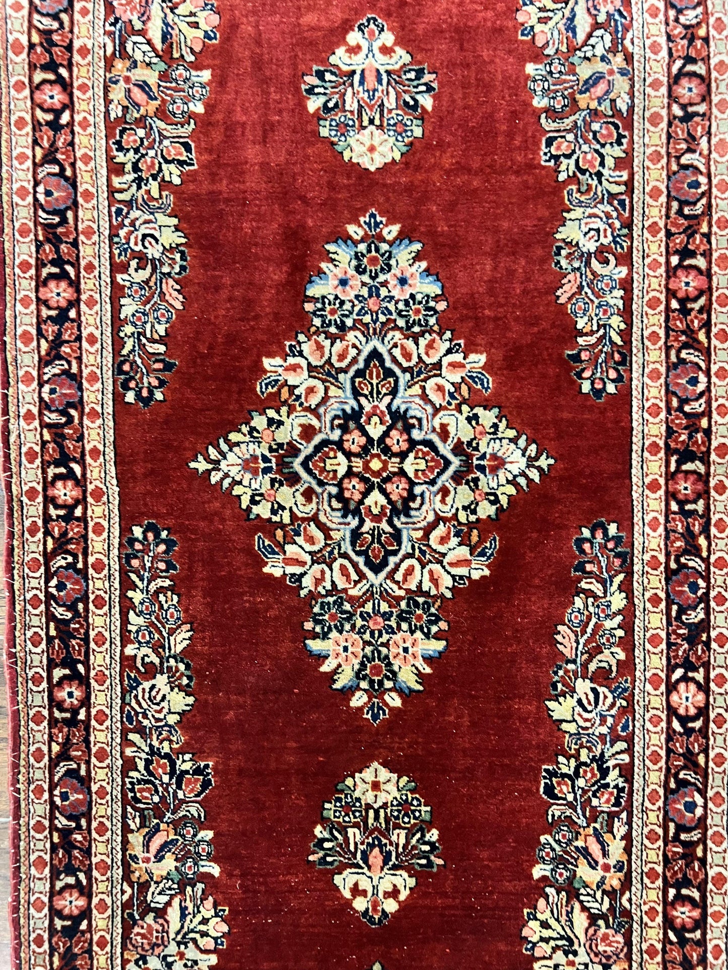 Persian Sarouk Runner Rug 2.7 x 6, Semi Open Field, Red, Handmade Hand Knotted, Wool Oriental Carpet, Vintage Semi Antique