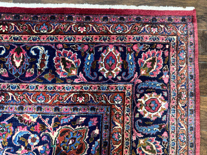 Antique Persian Mashad Rug 10x13, Red and Navy Blue, Great Colors, Signed By Masterweaver, Floral Medallion, Handmade Wool Persian Carpet