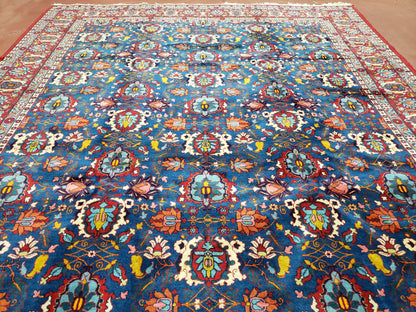 Rare Antique Persian Veramin Carpet, Mina-Khani Pattern, Blue, Red, Ivory, 7x11 ft, Hand-Knotted, Wool