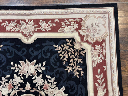 Needlepoint Rug 5x8 Wool Handmade Vintage European Aubusson Flatweave Rug Black and Maroon