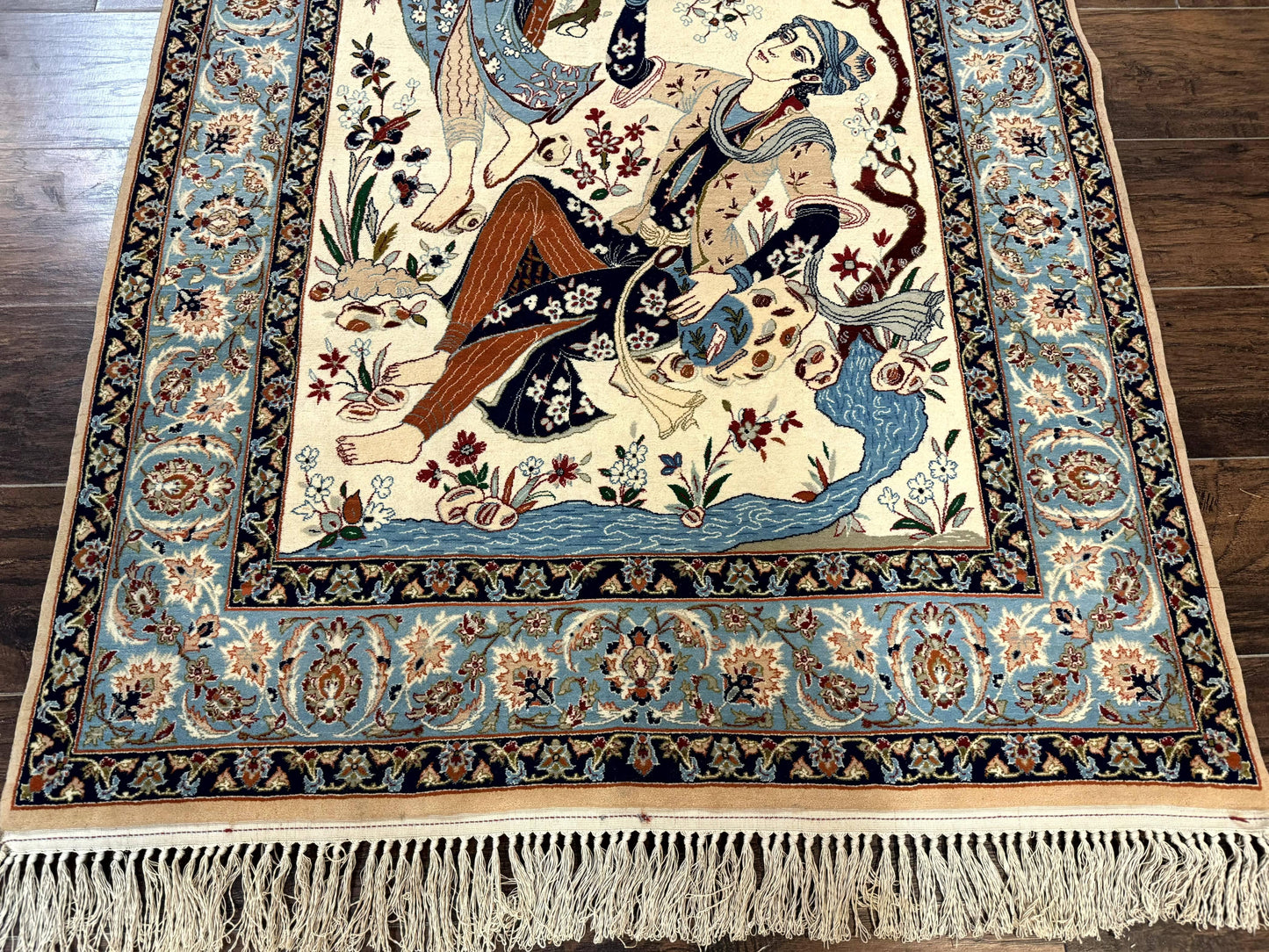 Persian Isfahan Pictorial Rug, Two Lovers, Kork Wool on Silk Foundation, Ivory and Light Blue, 500 KPSI Super Fine