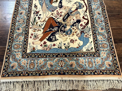 Persian Isfahan Pictorial Rug, Two Lovers, Kork Wool on Silk Foundation, Ivory and Light Blue, 500 KPSI Super Fine