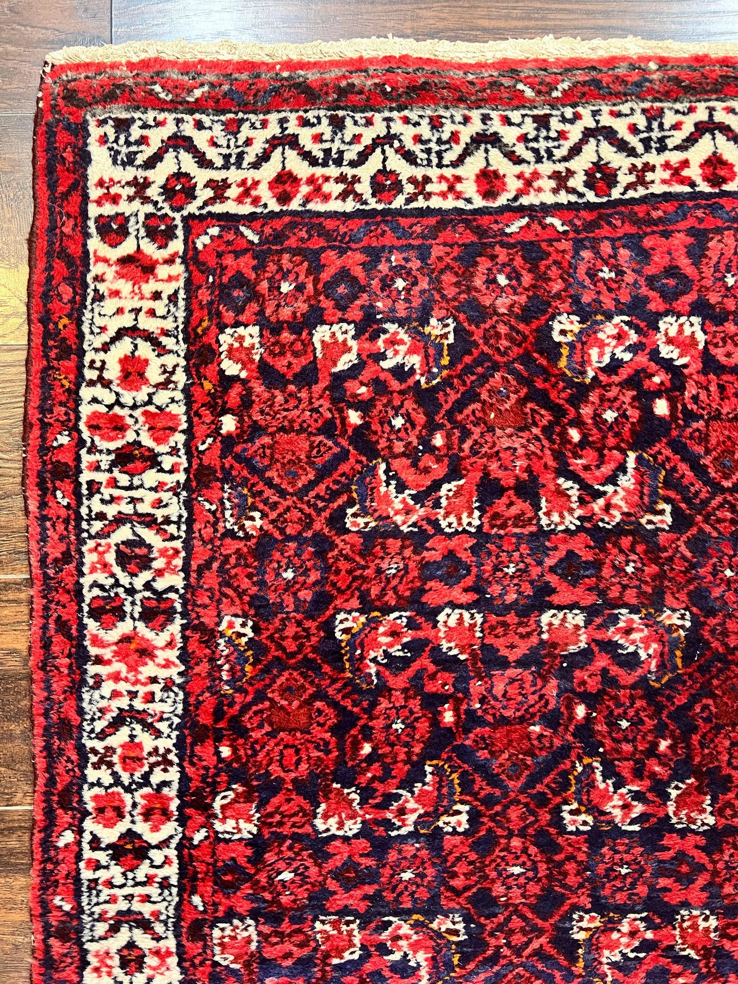 Persian Tribal Runner 3 x 9, Hamadan Dargazin Rug, Dark Blue and Red Wool Hand Knotted Hallway Rug, Vintage Antique Oriental Runner, 9ft Long Runner, Herati