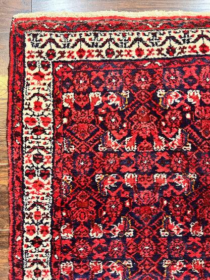 Persian Tribal Runner 3 x 9, Hamadan Dargazin Rug, Dark Blue and Red Wool Hand Knotted Hallway Rug, Vintage Antique Oriental Runner, 9ft Long Runner, Herati
