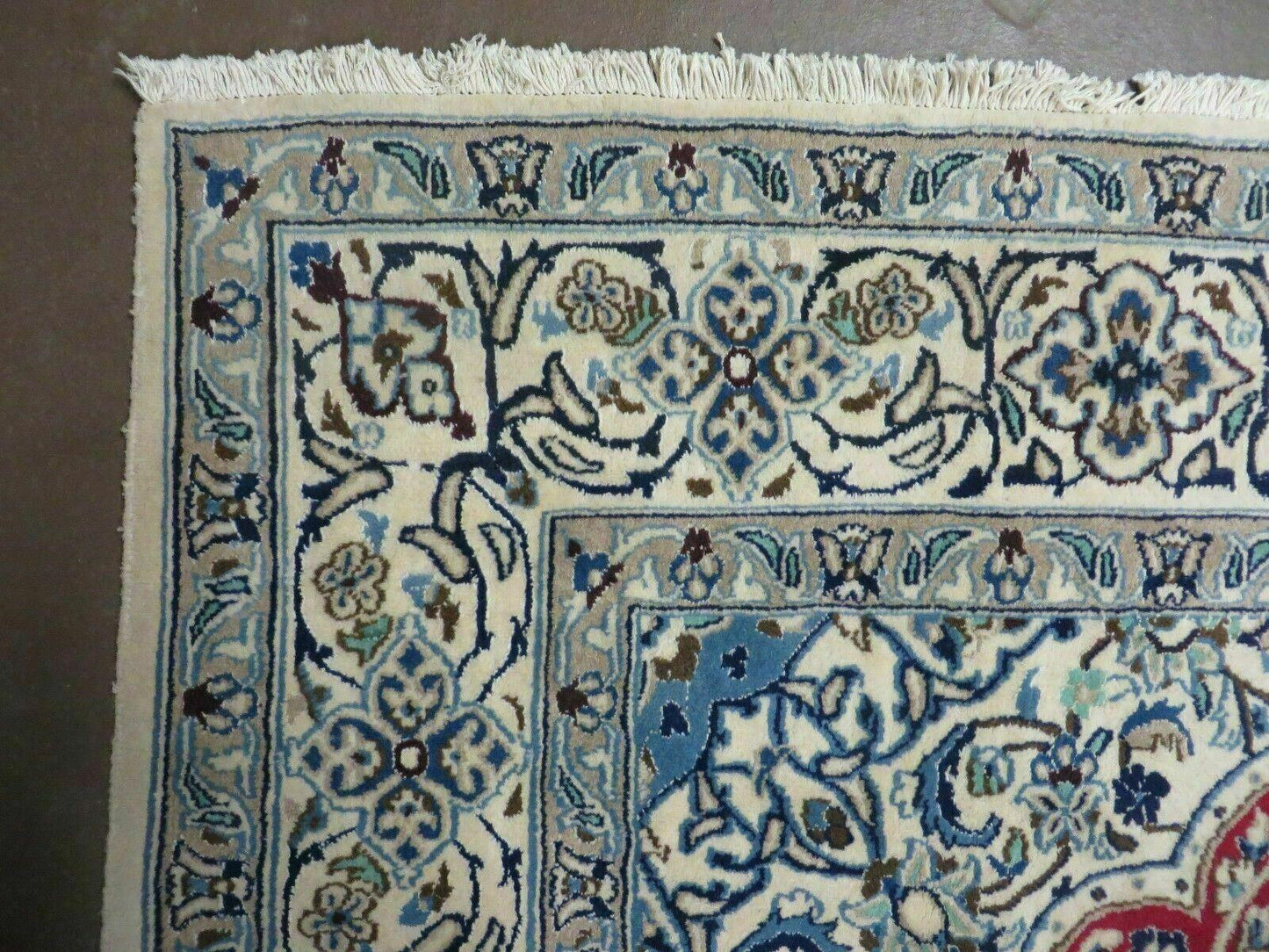 Square Persian Nain Rug 6ft 3in By 6ft 8in Hand Knotted Wool Silk Accents Ivory Red Blue