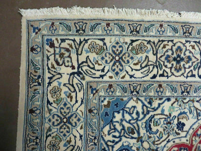 Square Persian Nain Rug 6ft 3in By 6ft 8in Hand Knotted Wool Silk Accents Ivory Red Blue