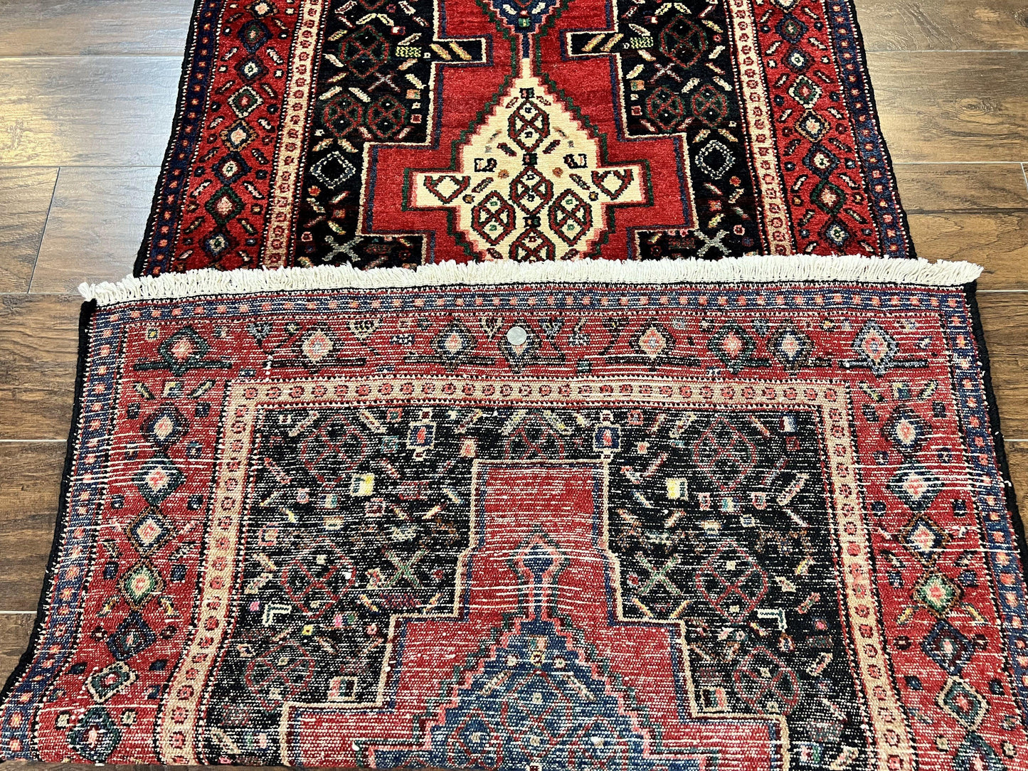 Senneh Runner Rug Persian Kurdish Handmade Wool 3x9 9ft Medallion Red Navy Blue Hallway Kitchen