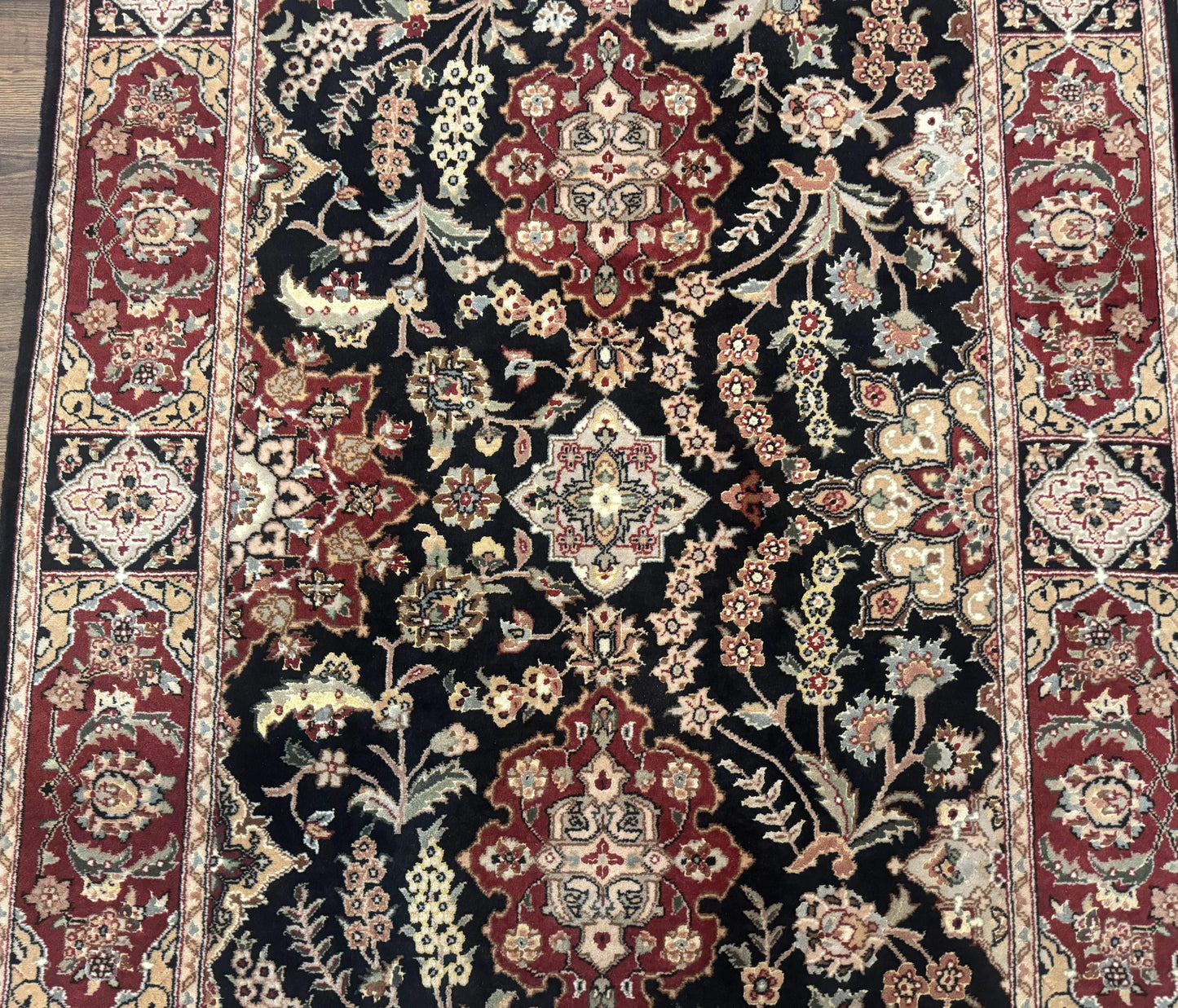 Pak Persian Rug 4x6, Black and Burgundy, Floral Allover, Wool and Silk