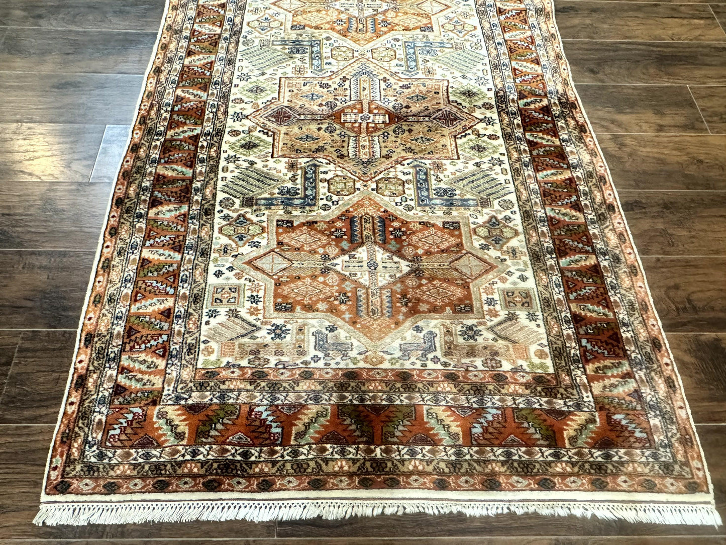 Turkish Kazak Rug 4x6 Geometric Medallions Vintage Hand Knotted Wool Carpet