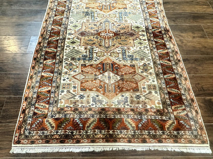 Turkish Kazak Rug 4x6 Geometric Medallions Vintage Hand Knotted Wool Carpet