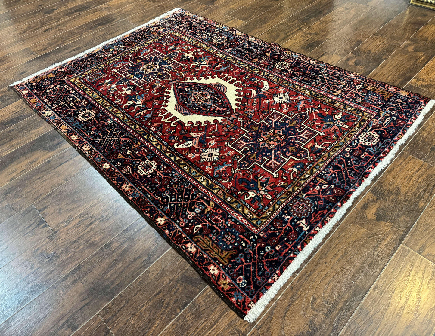 Persian Karajeh Rug 5x6, Antique Heriz Carpet, Geometric, Persian Tribal Rug, Brick Red Navy Blue