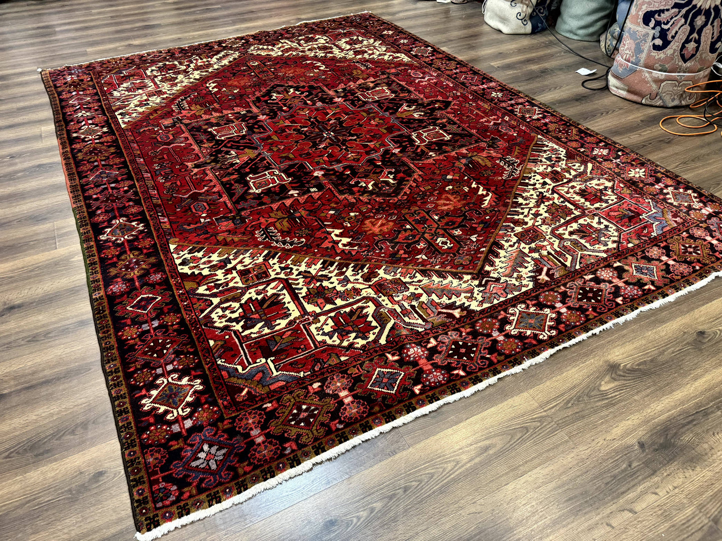 Persian Heriz Rug 8x11, Geometric Design, Red & Cream