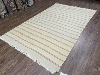 New Turkish Kilim Rug 5x8 Flatweave Wool Carpet Hand Woven Bohemian Contemporary Striped Gray Taupe