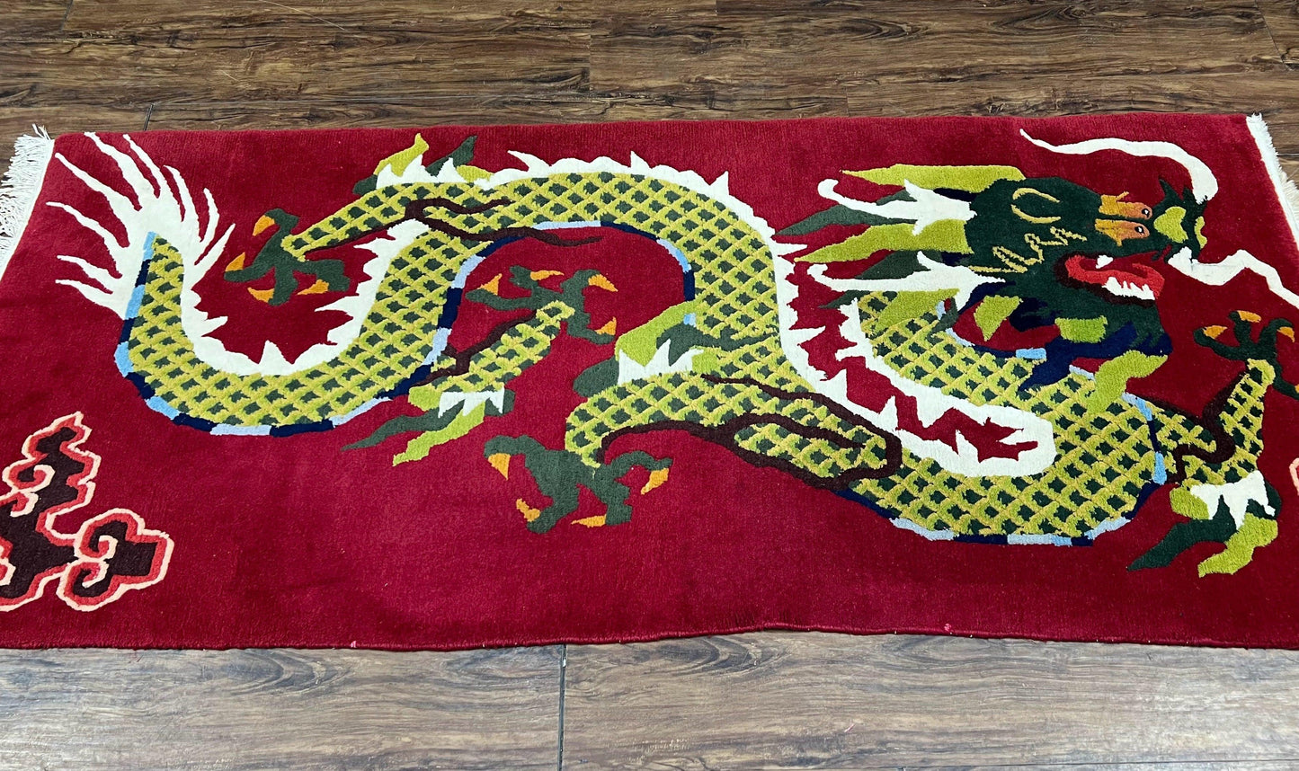 Vintage Chinese Dragon Rug 3 x 6.8, Handmade Hand Knotted Red Chinese Carpet with Gold Dragon, Art Deco Peking Soft Chinese Rug Runner