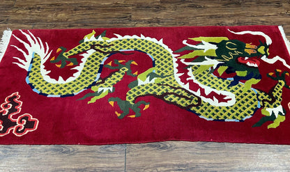 Vintage Chinese Dragon Rug 3 x 6.8, Handmade Hand Knotted Red Chinese Carpet with Gold Dragon, Art Deco Peking Soft Chinese Rug Runner