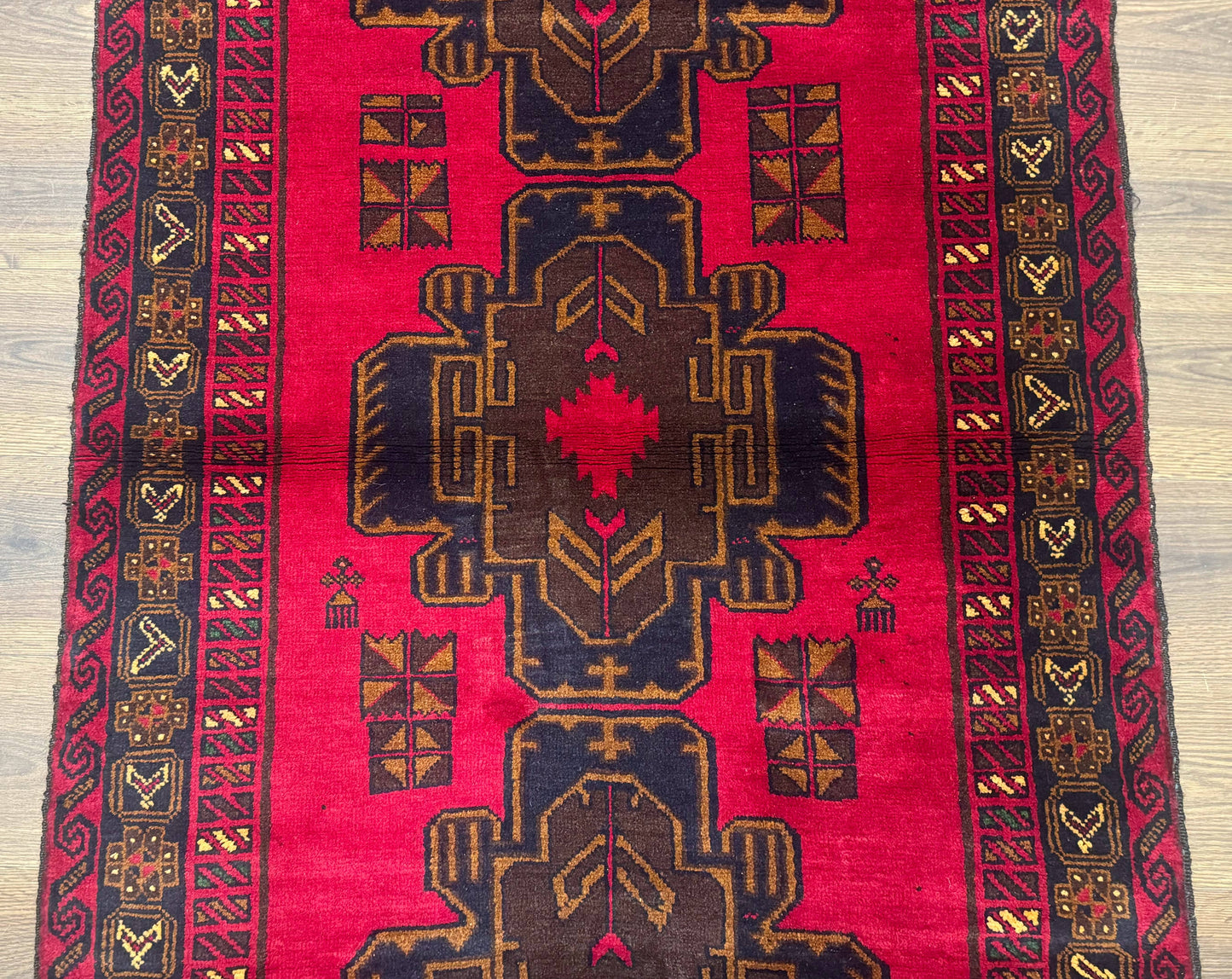 Afghan Balouch Rug Red 4x7 Handmade Wool Area Carpet Triple Medallions