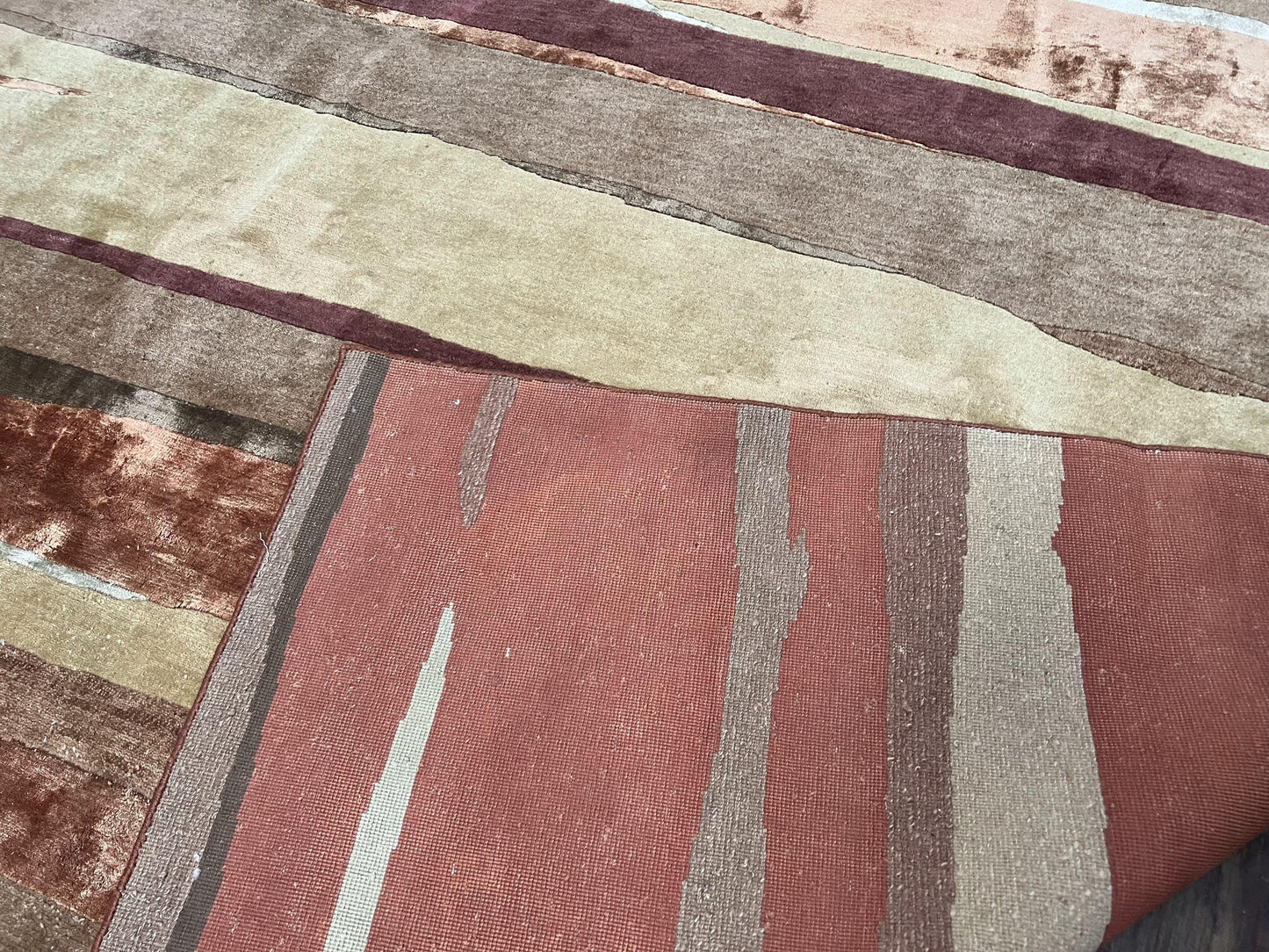 Modern Tibetan Rug 8x11 Nepali Carpet, Shiny Velvely Soft Wool and Silk, Contemporary Hand Knotted Rug, Striped Design, Wool Area Rug 8 x 11