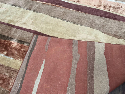 Modern Tibetan Rug 8x11 Nepali Carpet, Shiny Velvely Soft Wool and Silk, Contemporary Hand Knotted Rug, Striped Design, Wool Area Rug 8 x 11