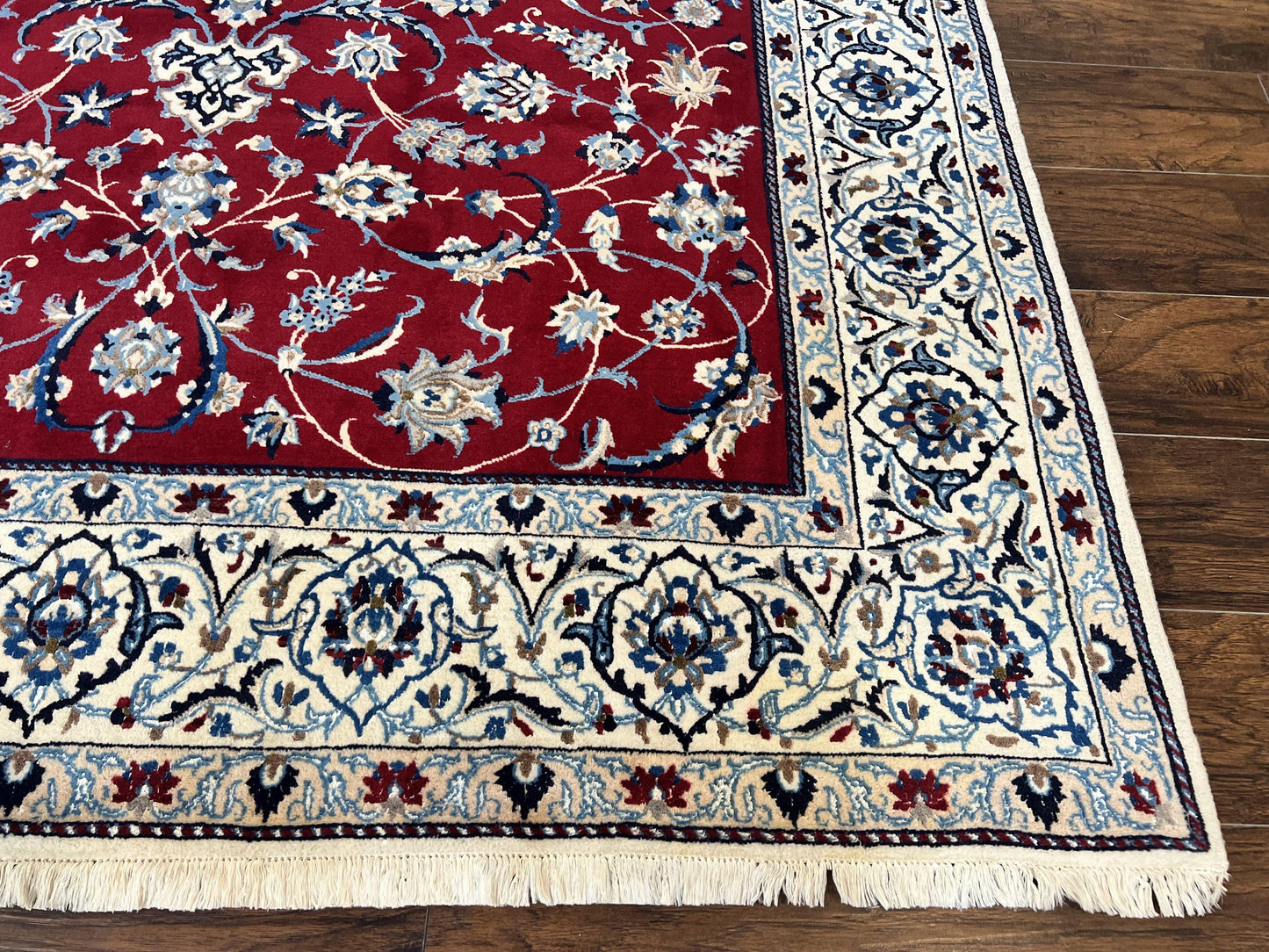 Persian Nain Rug 6x10, Wool and Silk Highlights, Red and Ivory, Floral Medallion, Vintage Handmade Hand Knotted, Fine 225 KPSI, Traditional Rug