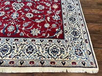 Persian Nain Rug 6x10, Wool and Silk Highlights, Red and Ivory, Floral Medallion, Vintage Handmade Hand Knotted, Fine 225 KPSI, Traditional Rug