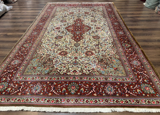 Persian Qum Rug 7x11 Beige Red Floral Medallion 260 KPSI Hand Knotted
