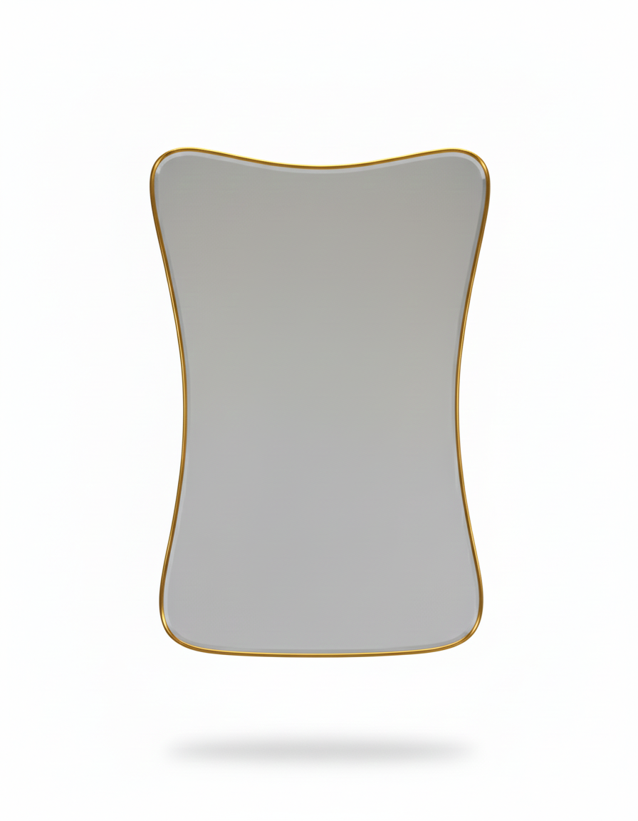 Cloud Curve Rectangle mirror with soft curved edges and handmade brass frame on white background