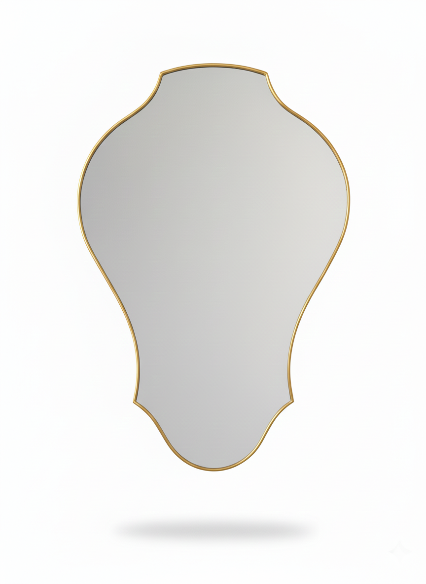 Tulip shield shaped brass mirror isolated on white background