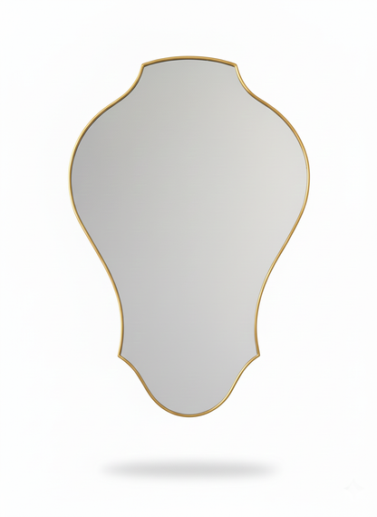 Tulip shield shaped brass mirror isolated on white background
