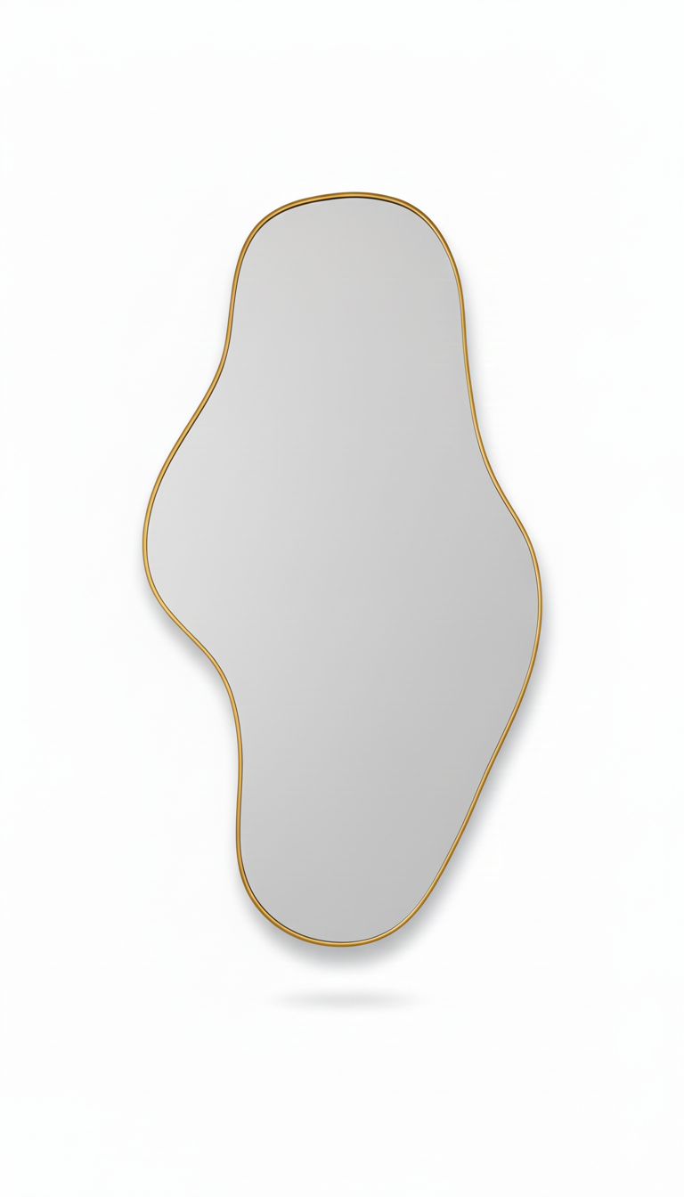 Handmade Waveform mirror with organic silhouette and brass edge on white background