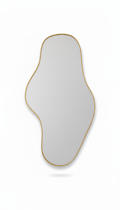 Handmade Waveform mirror with organic silhouette and brass edge on white background
