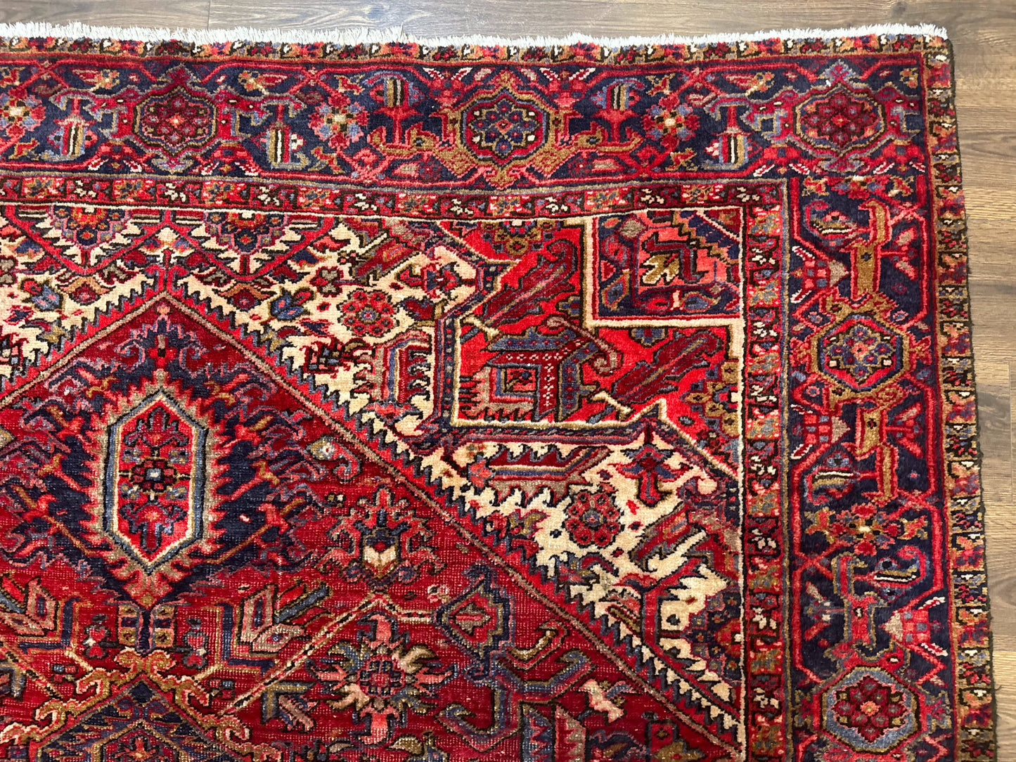 Persian Heriz Rug 7x10, Geometric Pattern, Red Ivory Navy Blue