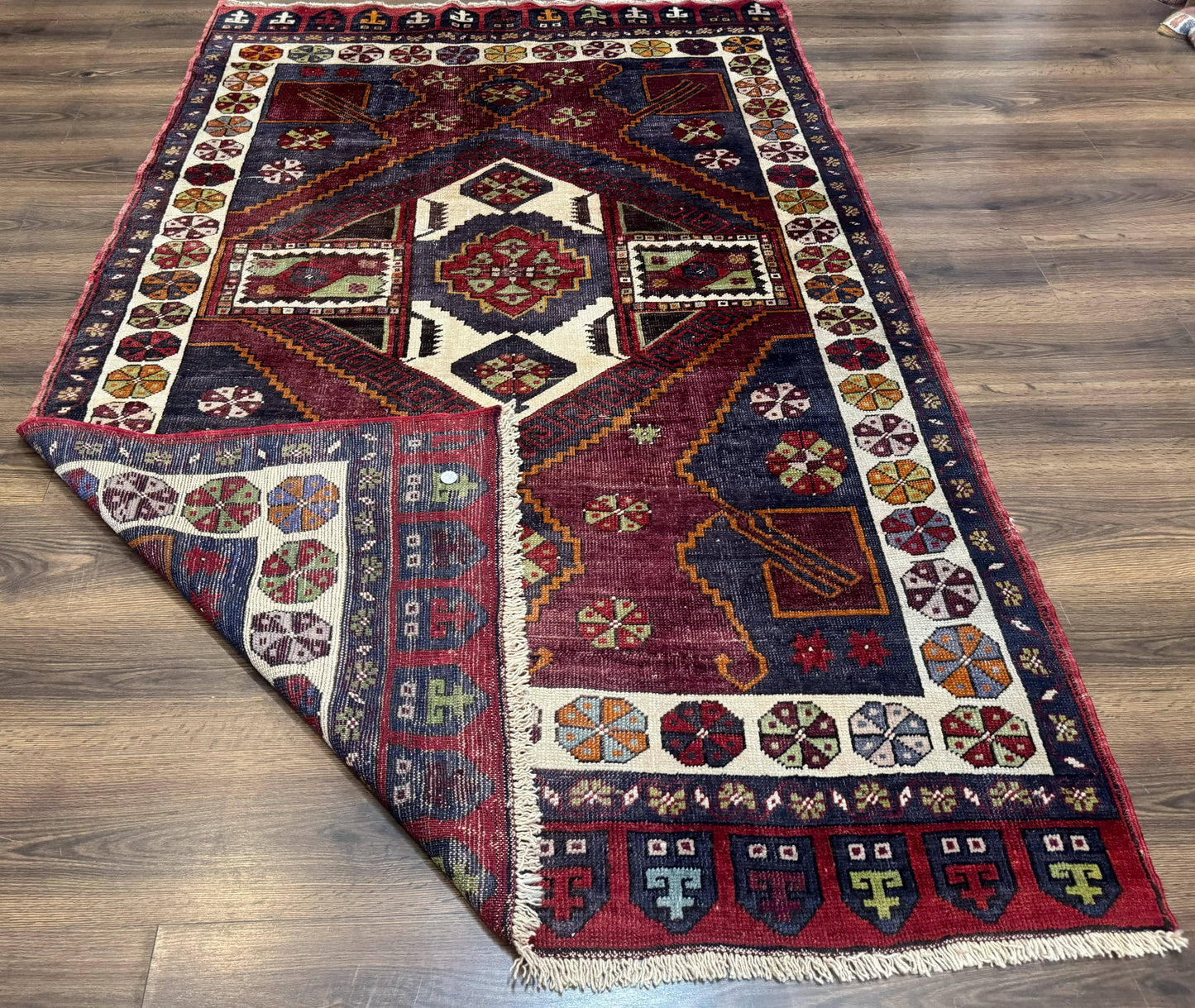 Turkish Kazak Rug 5x7 Geometric Hand Knotted Wool Semi Antique