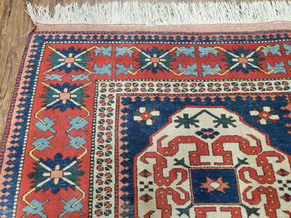 Turkish Kazak Rug 5x6 Vintage Handmade Wool Carpet With Geometric Blue Red Design
