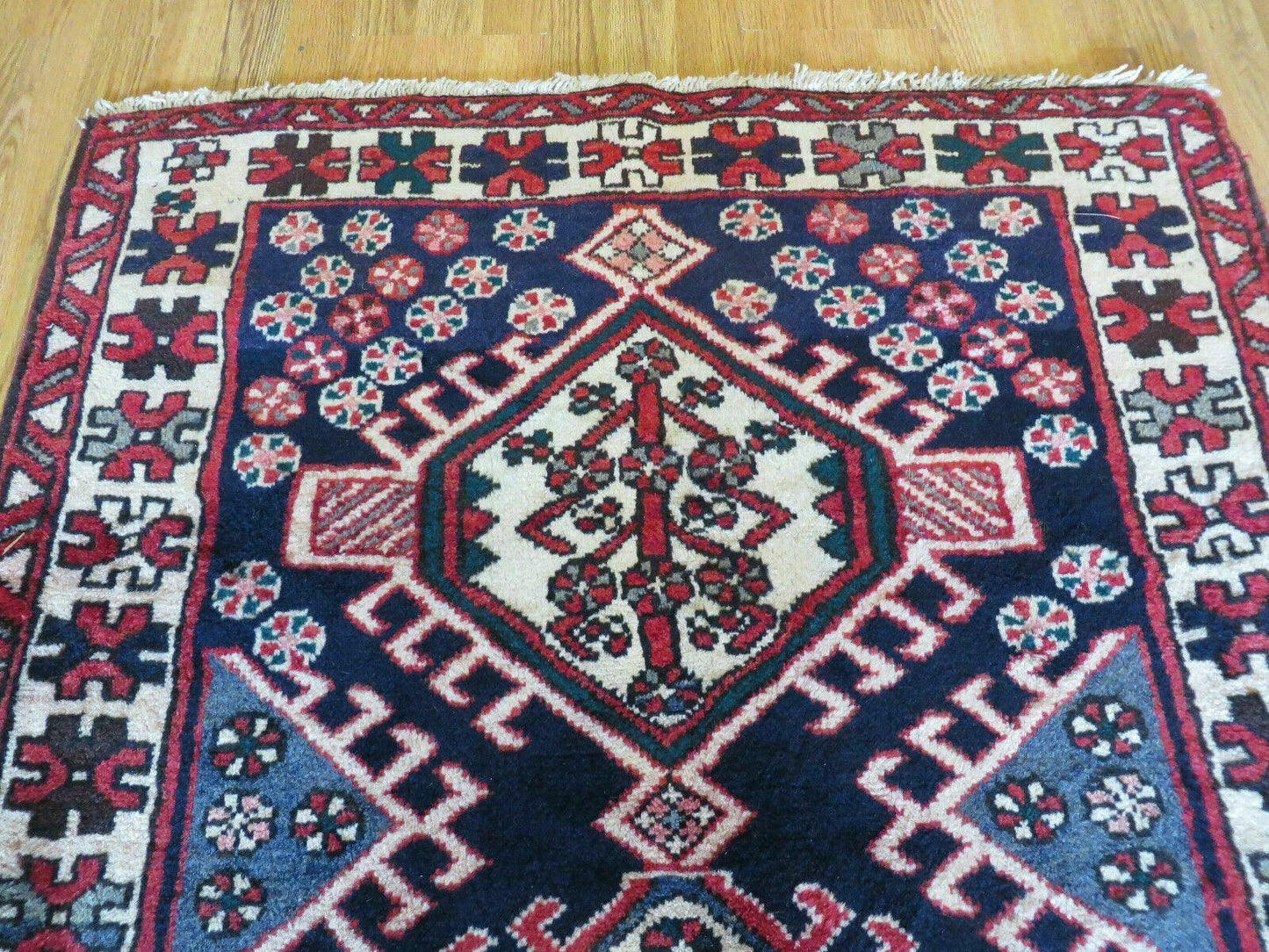 Persian Runner Rug 3.5 x 10.7, Karajeh Heriz Rug, Navy Blue, Geometric Medallions