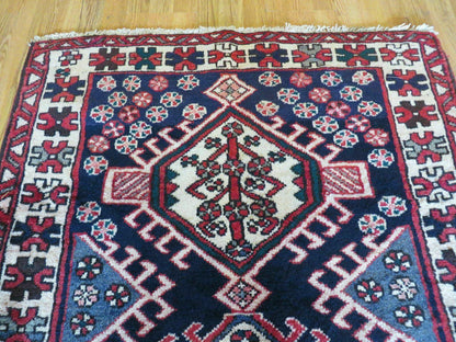 Persian Runner Rug 3.5 x 10.7, Karajeh Heriz Rug, Navy Blue, Geometric Medallions