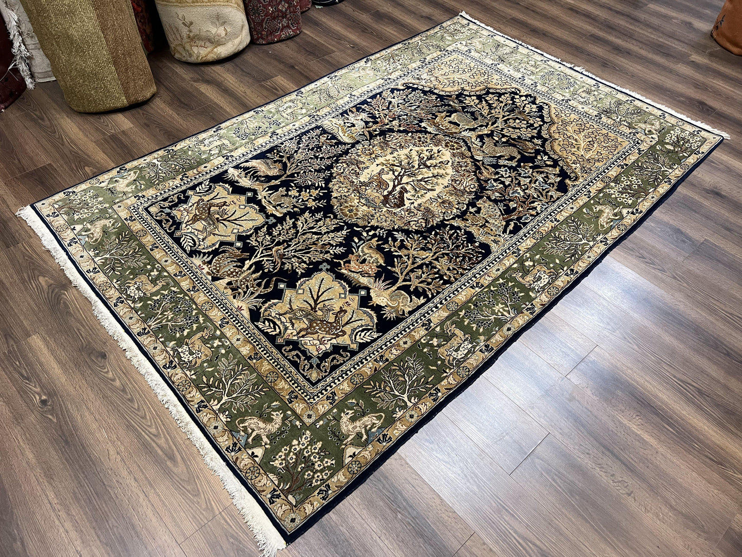 Persian Qum Rug 6x9 Hand Knotted Tree Of Life Oriental Carpet Navy Blue Green