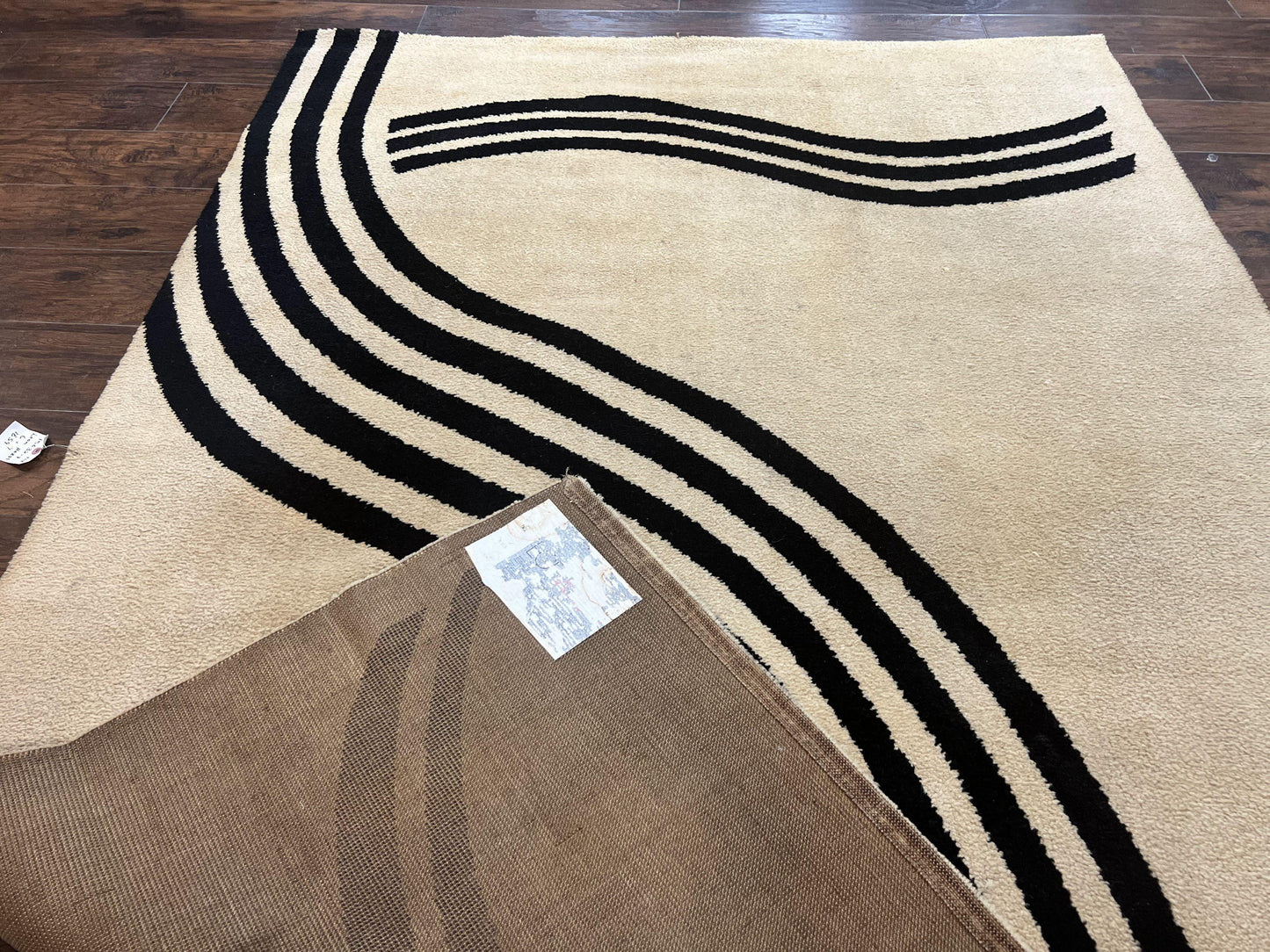 Modern Rug 6x9 Cream and Black Abstract Pattern Wool Area Rug
