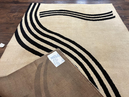 Modern Rug 6x9 Cream and Black Abstract Pattern Wool Area Rug