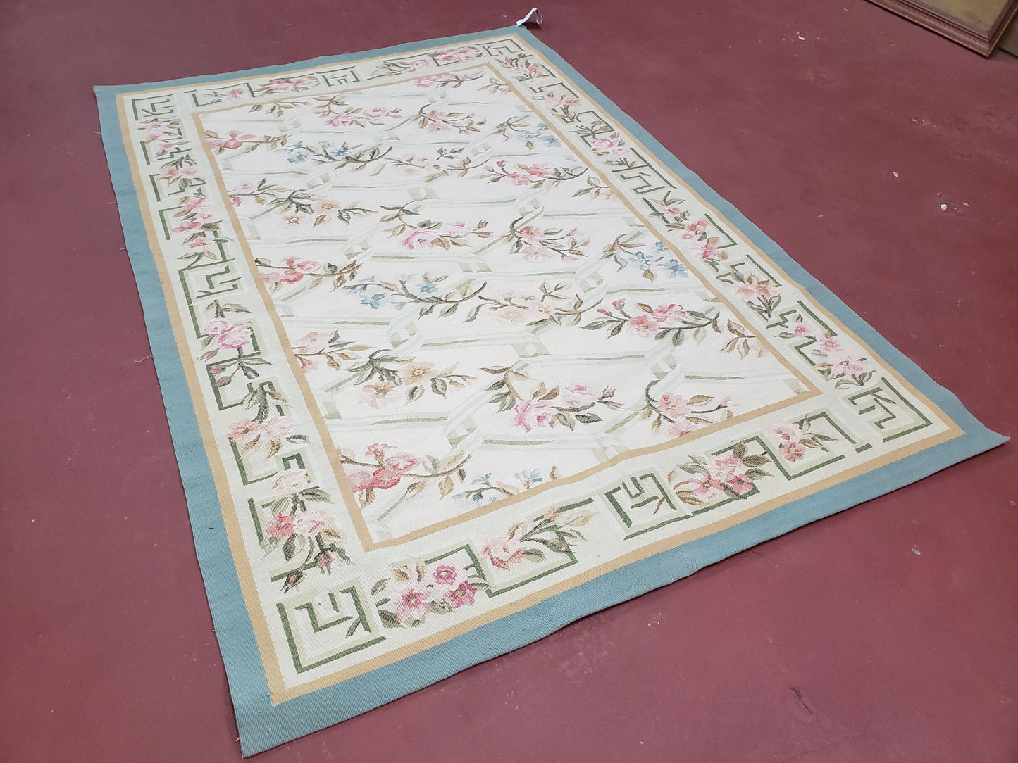 Vintage Aubusson Area Rug, Aubusson Flat weave Carpet, Floral Geometric Pattern, Beige Teal Green, 4x6 Rug, European Design