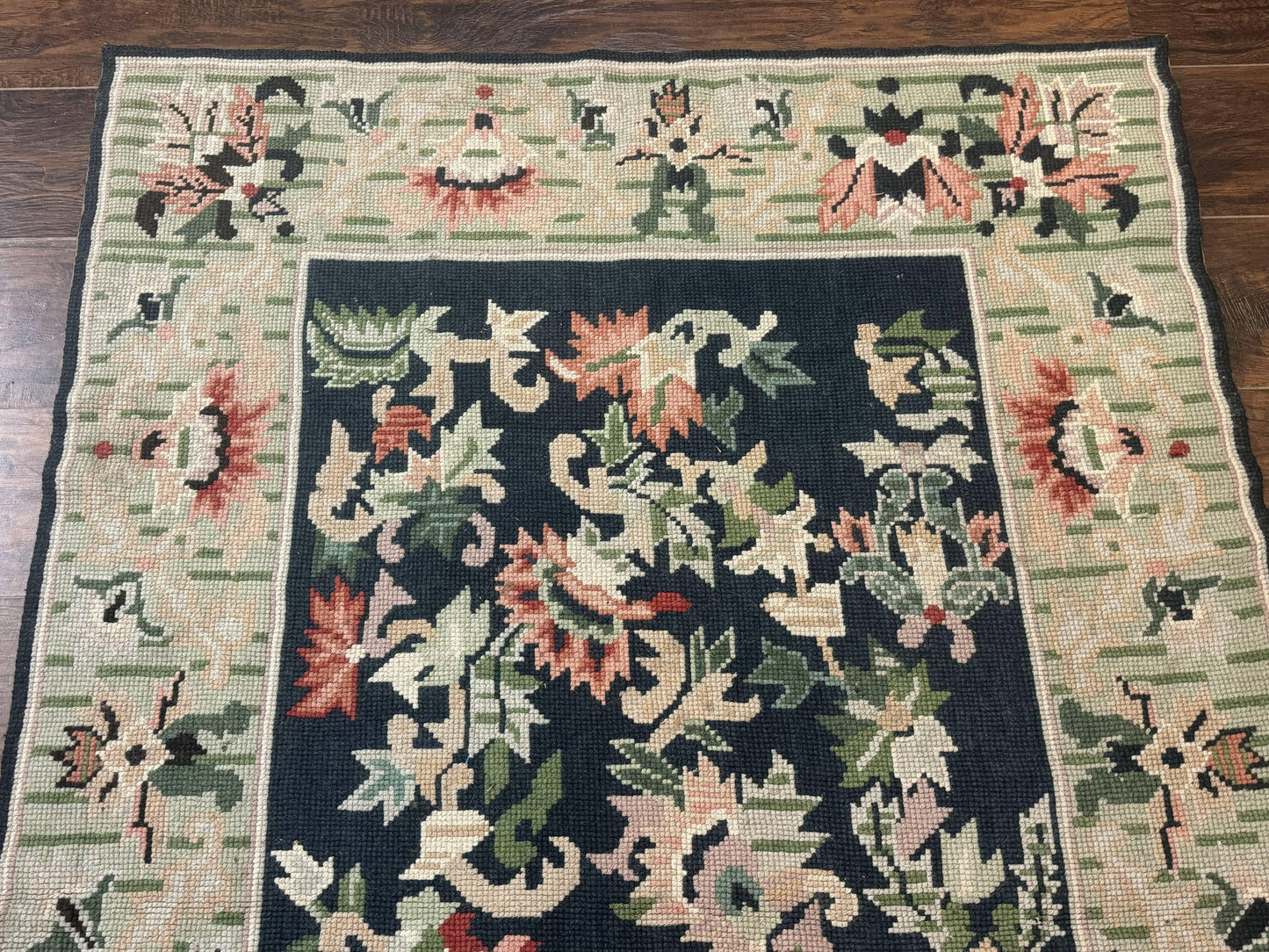 Vintage American Needlepoint Rug 4x6 Dark Green Wool Handmade Flatweave Carpet