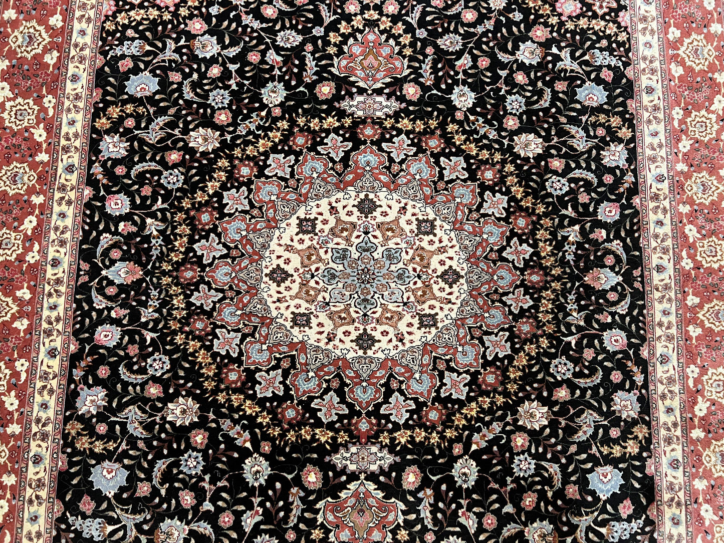 Marvelous Persian Tabriz Rug 7x10 ft, Super Fine 50 Raj, 300+ KPSI, Black and Rust Red, Floral Medallion Handmade Wool Oriental Carpet, Top Quality