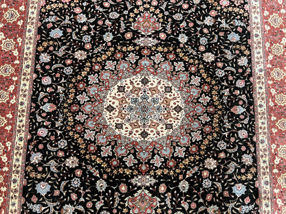 Marvelous Persian Tabriz Rug 7x10 ft, Super Fine 50 Raj, 300+ KPSI, Black and Rust Red, Floral Medallion Handmade Wool Oriental Carpet, Top Quality