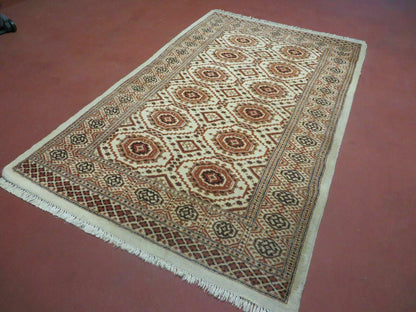 Vintage Turkoman Bokhara Wool Rug 4x7 Handmade Pakistani Ivory