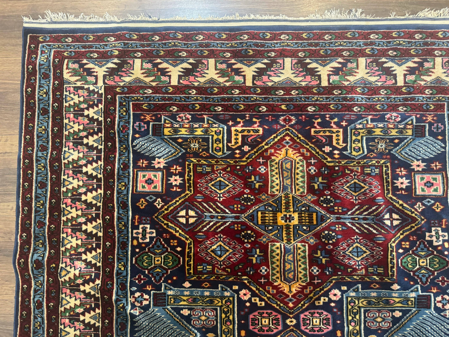 Indian Rug with Caucasian Design, 4x6 Geometric Carpet, Navy Blue and Cream