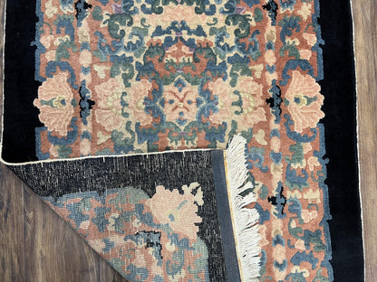 Art Deco Rug Chinese Handmade Wool 3x5 Vintage Floral Black Beige Carpet