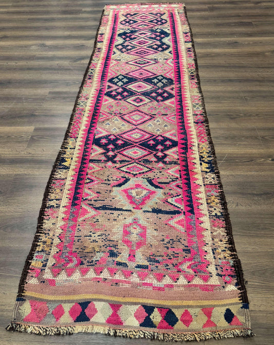 Turkish Runner Rug 3x10, Pink and Navy Blue, Bohemian Runner for Hallway or Kitchen, Vintage, Geometric, Tribal