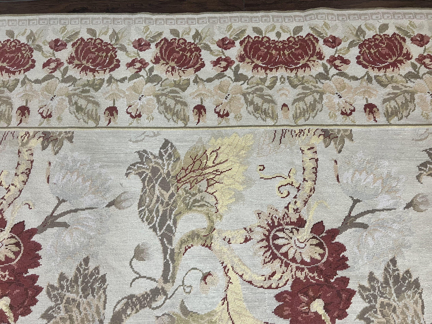 Extra Large Needlepoint Rug 14 x 20, Vintage Handwoven Handmade Wool Flatweave Carpet, Allover Floral Pattern, Elegant European Deisgn Rug