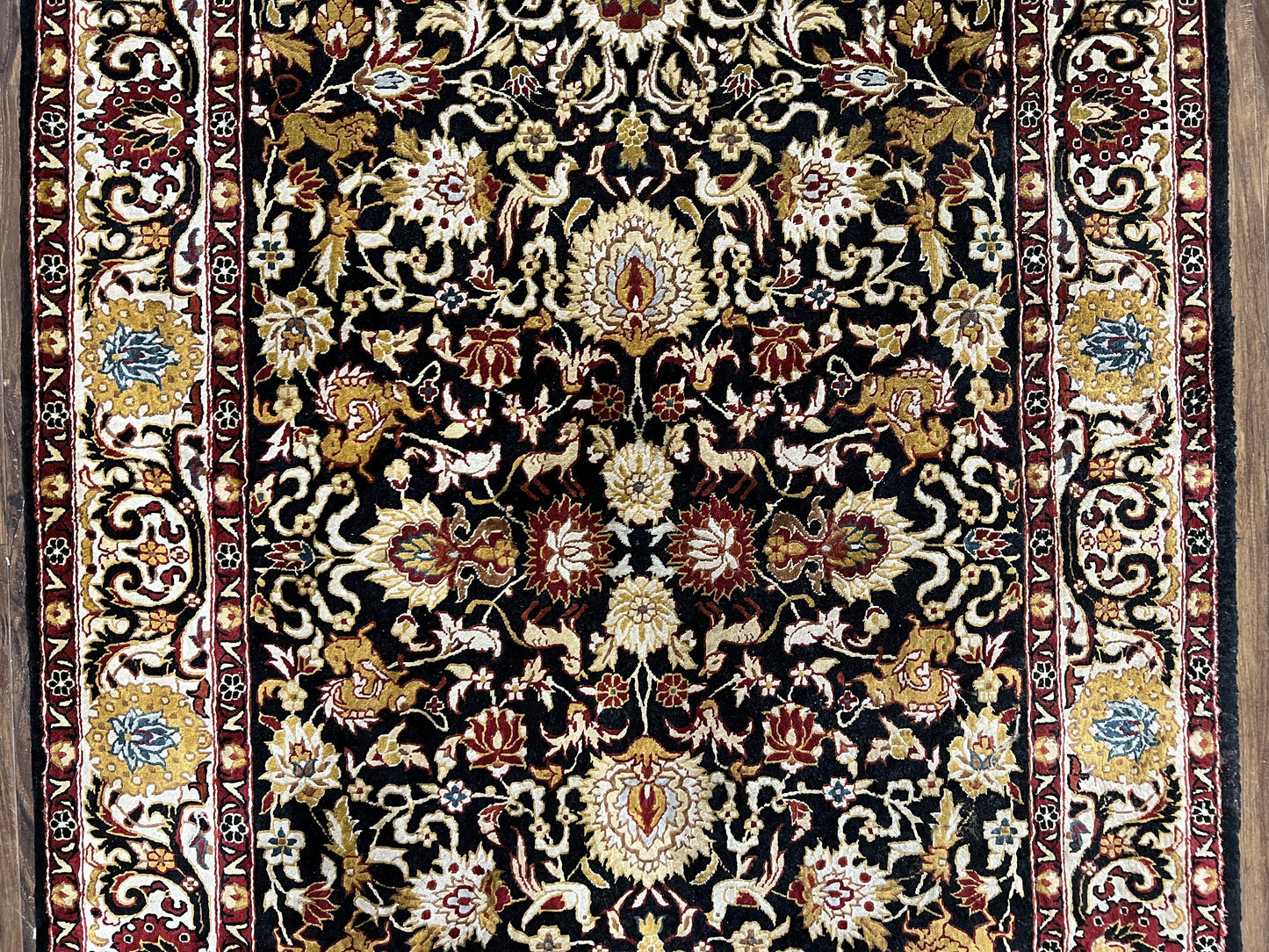 Sino Persian Silk Rug 3x5 Oriental Carpet 3 x 5 Fine Silk Rug, Black Ivory Gold, Animal Motifs, Flowers, High Quality, Vintage Silk Rug Wow
