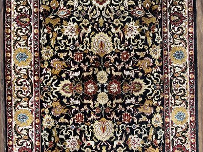 Sino Persian Silk Rug 3x5 Oriental Carpet 3 x 5 Fine Silk Rug, Black Ivory Gold, Animal Motifs, Flowers, High Quality, Vintage Silk Rug Wow