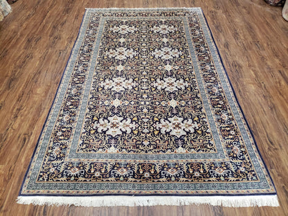 Persian Kashan Rug Hand Knotted Wool Navy Blue